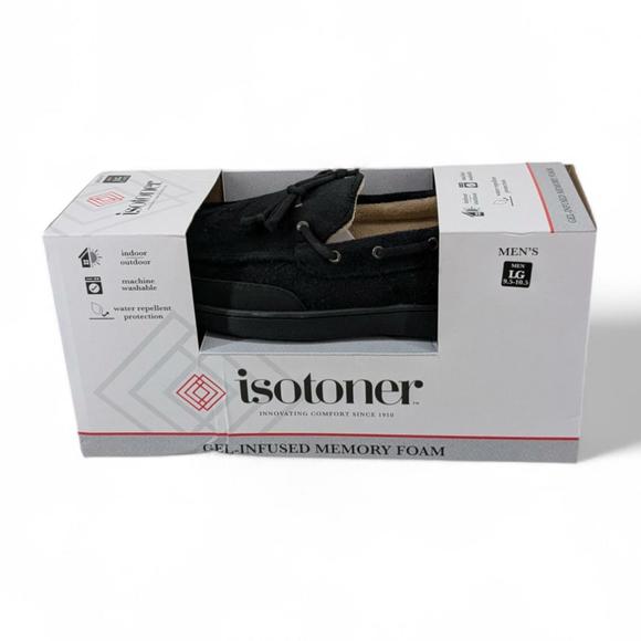 Isotoner Mens Black Water Repellent Microsuede Slippers Comfort Slide L 9.5 10.5 - Picture 1 of 3